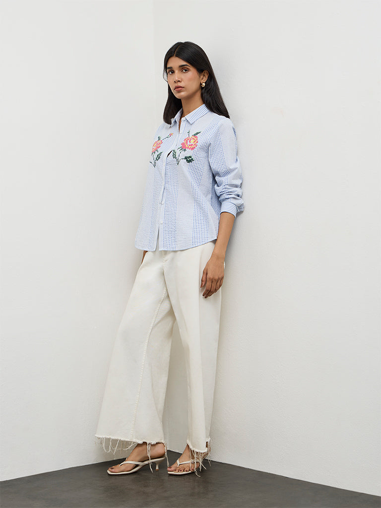 LOV Blue Seersucker-Textured Cotton Shirt