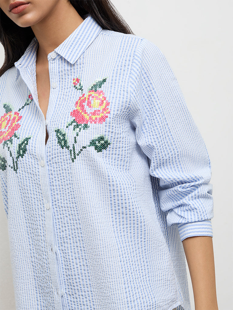 LOV Blue Seersucker-Textured Cotton Shirt