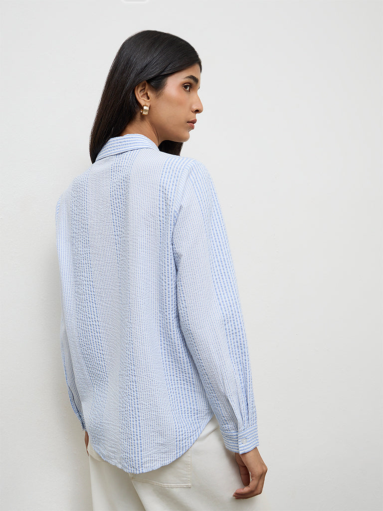 LOV Blue Seersucker-Textured Cotton Shirt