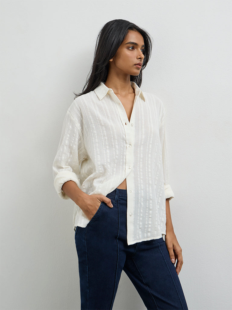 LOV Off-White Seersucker-Textured Cotton Shirt