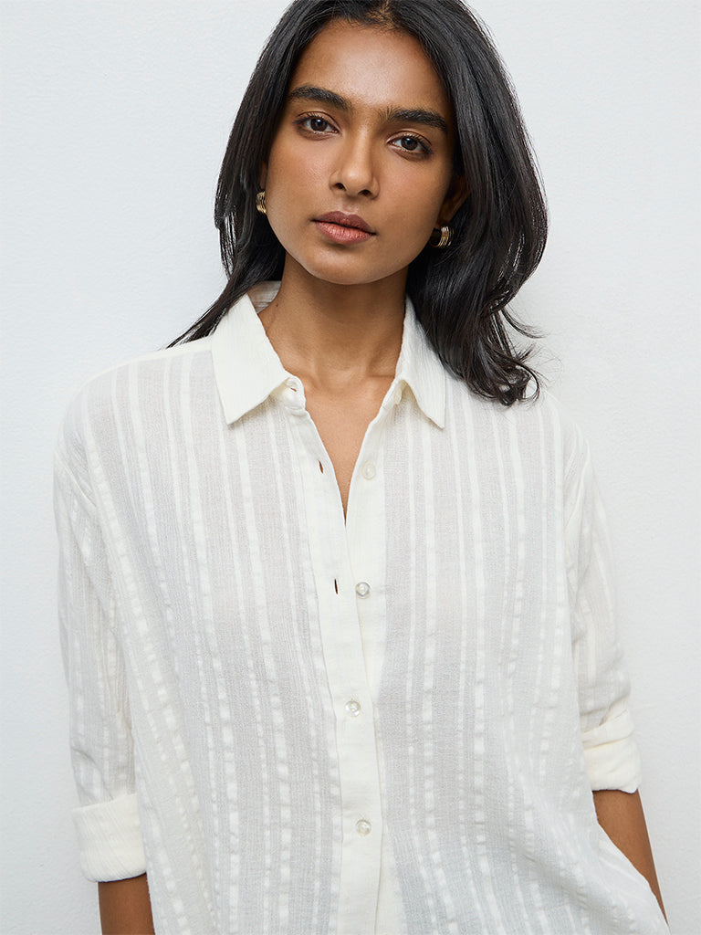 LOV Off-White Seersucker-Textured Cotton Shirt