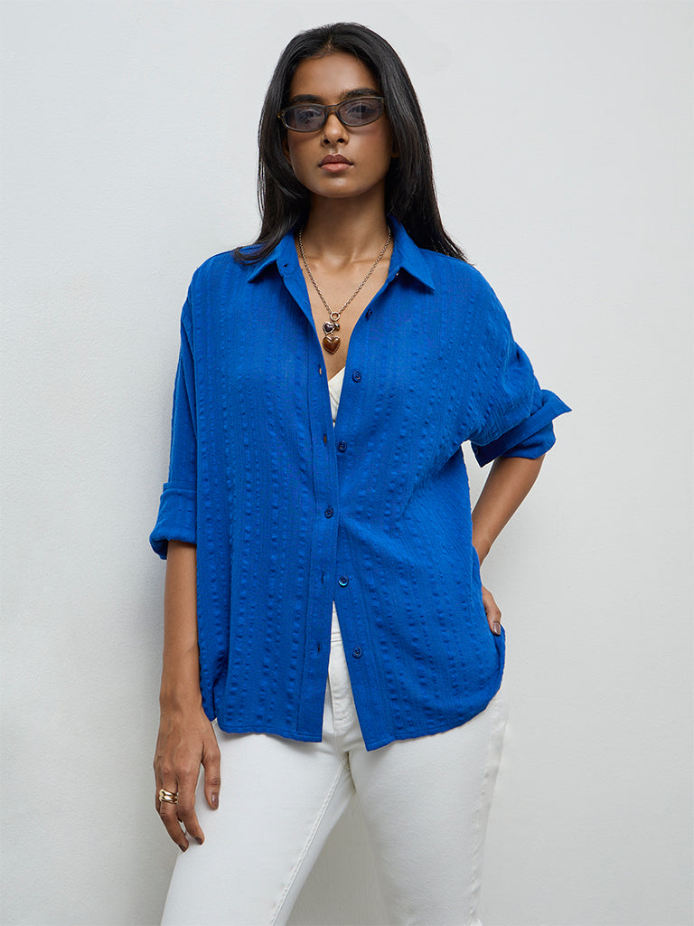 LOV Blue Seersucker-Textured Cotton Shirt