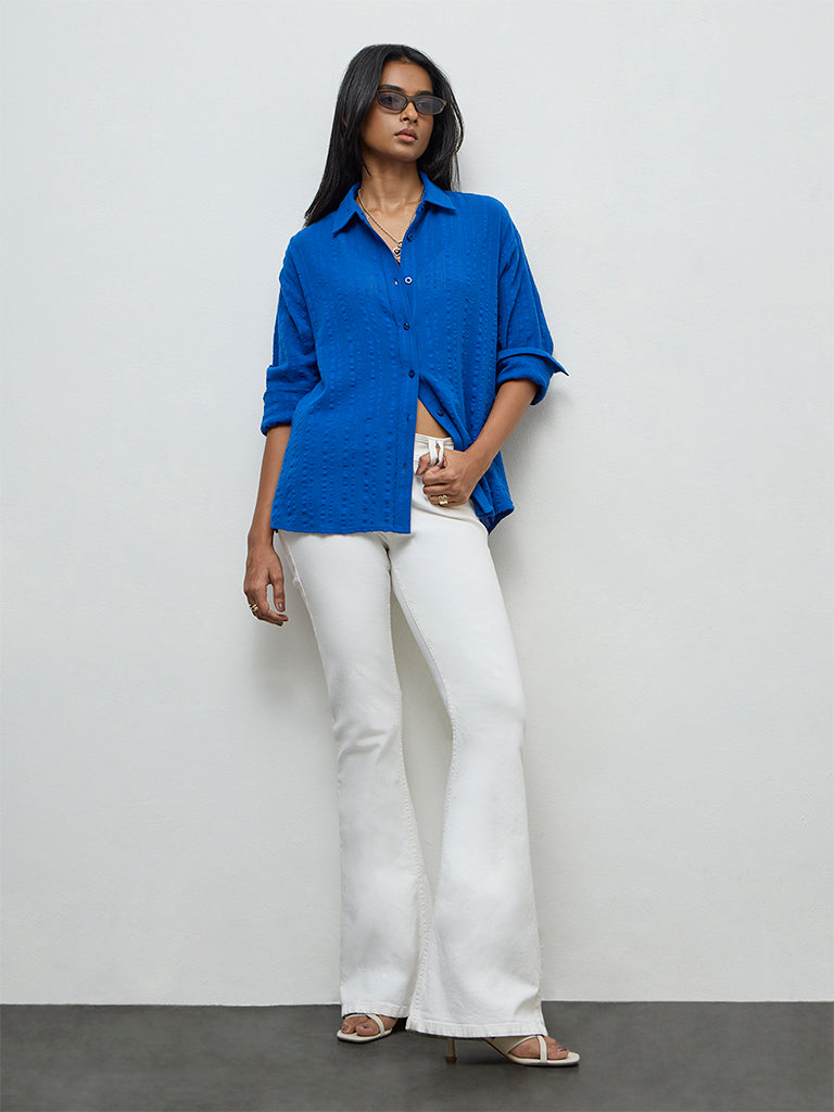 LOV Blue Seersucker-Textured Cotton Shirt