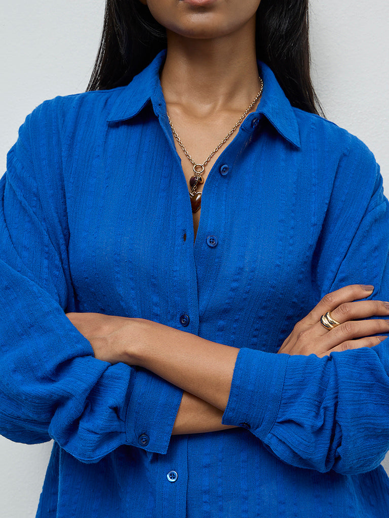 LOV Blue Seersucker-Textured Cotton Shirt