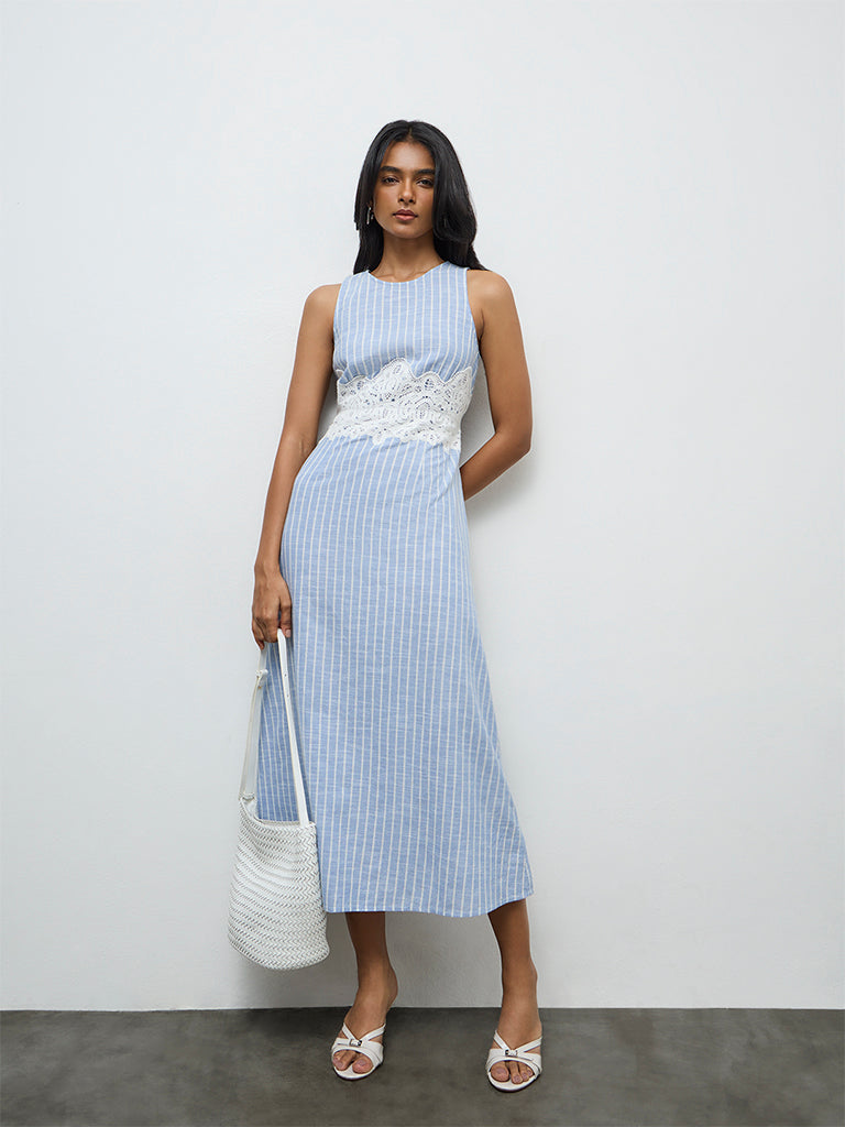 LOV Light Blue Striped Lace-Detailed Cotton A-Line Dress