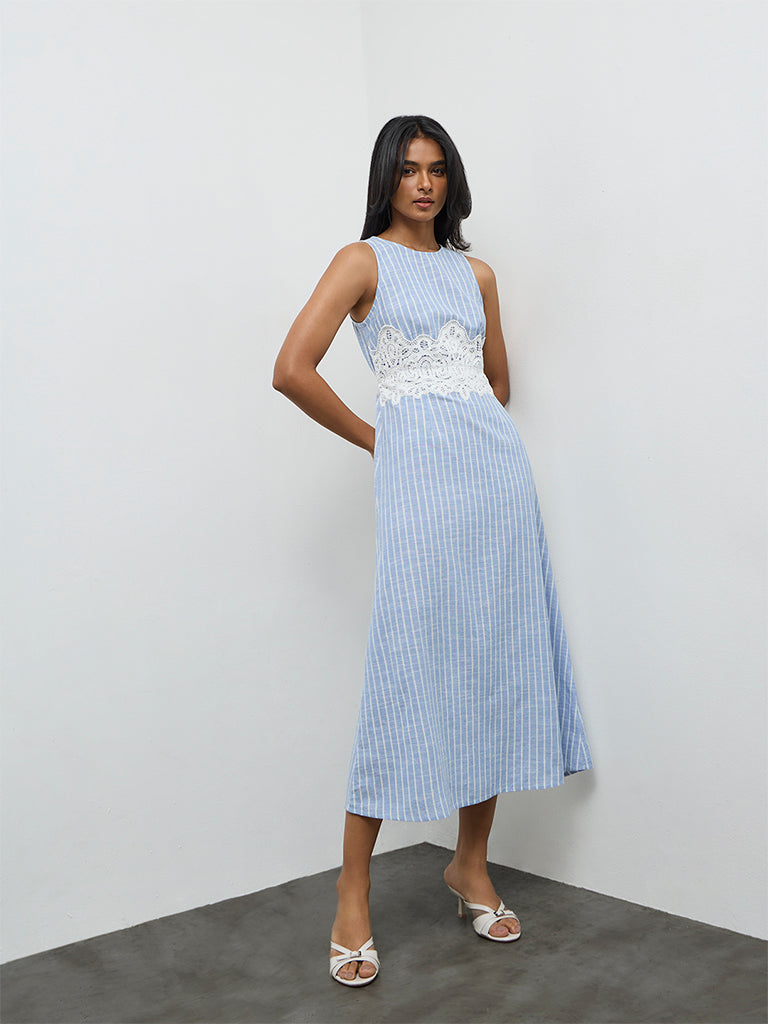 LOV Light Blue Striped Lace-Detailed Cotton A-Line Dress