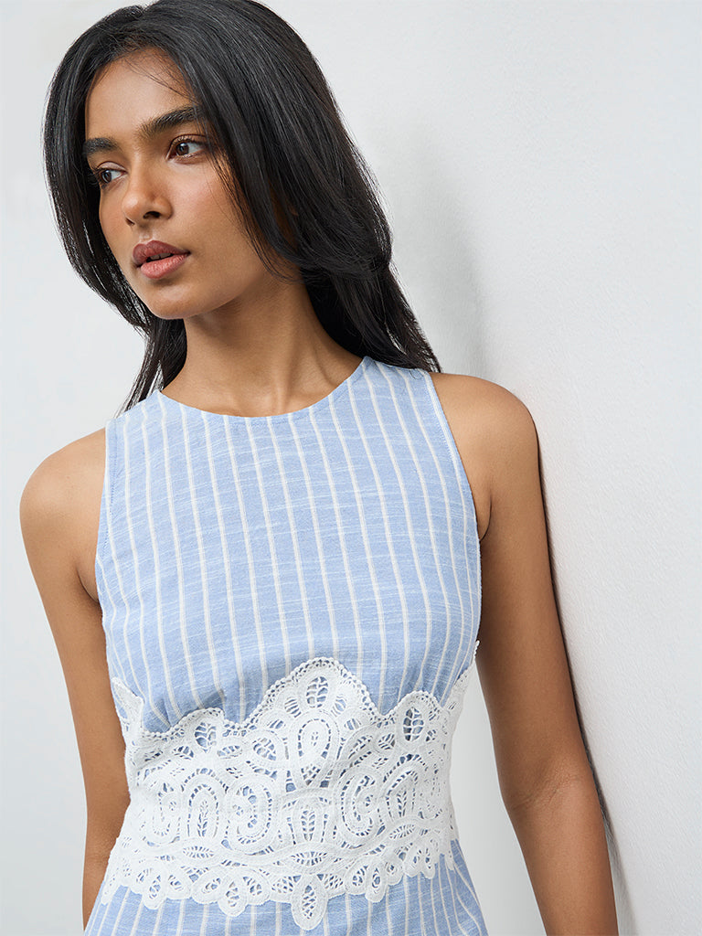 LOV Light Blue Striped Lace-Detailed Cotton A-Line Dress