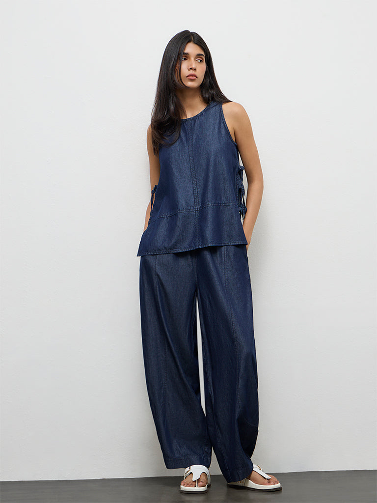 LOV Dark Blue Barrel-Style High-Rise Pants