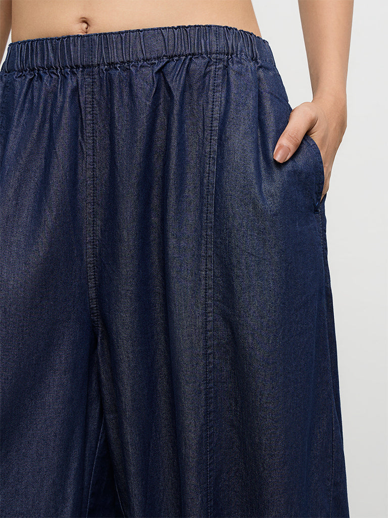 LOV Dark Blue Barrel-Style High-Rise Pants