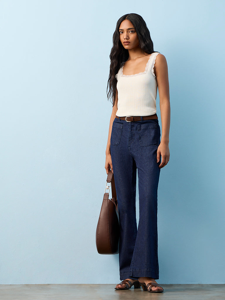 LOV Dark Blue High-Rise Bootcut Jeans with Belt