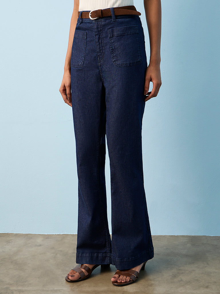 LOV Dark Blue High-Rise Bootcut Jeans with Belt