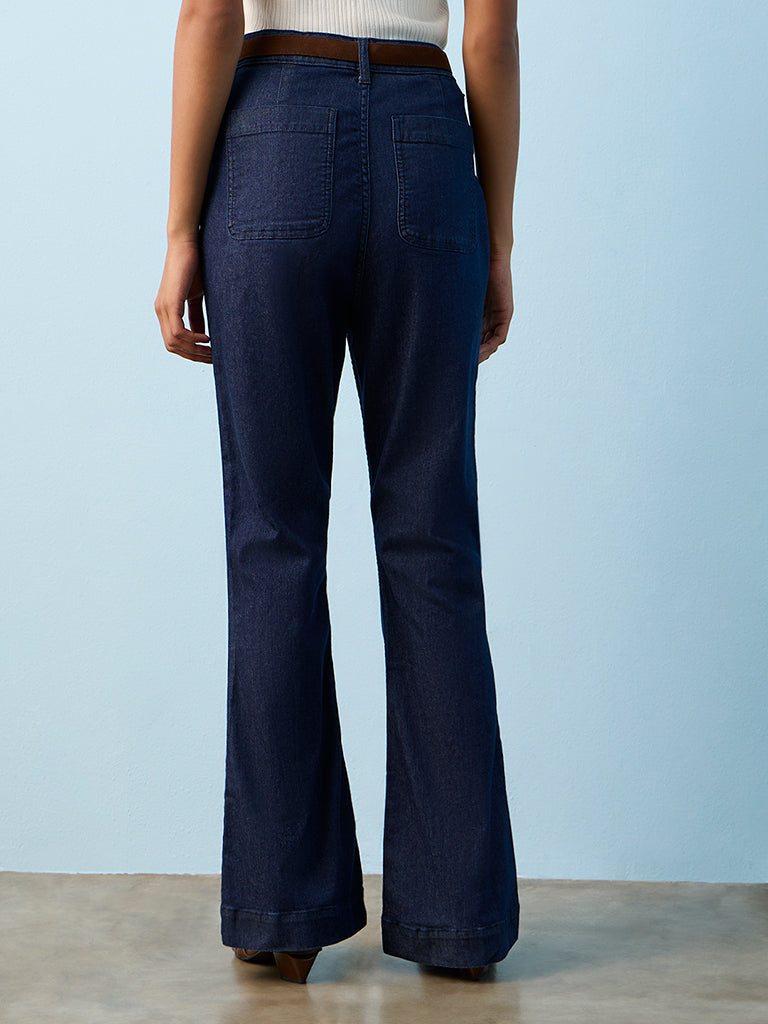 LOV Dark Blue High-Rise Bootcut Jeans with Belt
