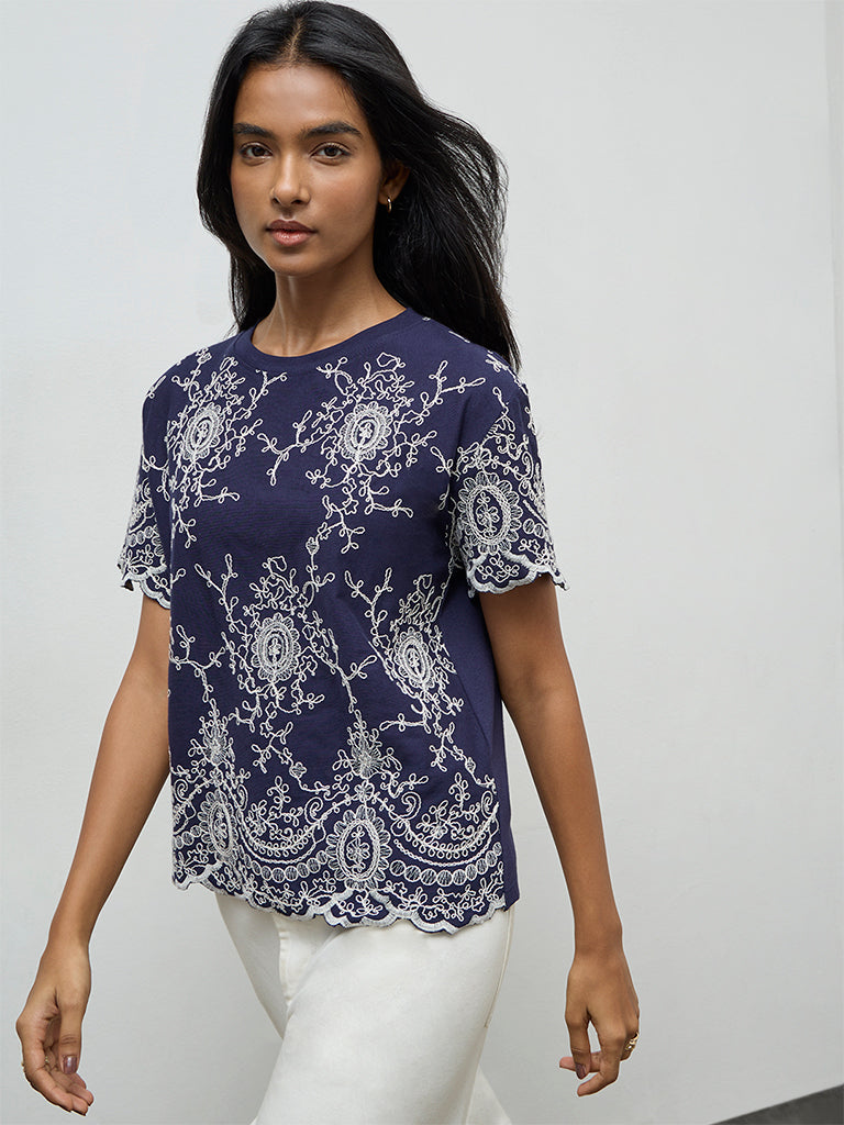 LOV Navy Embroidered Cotton Top