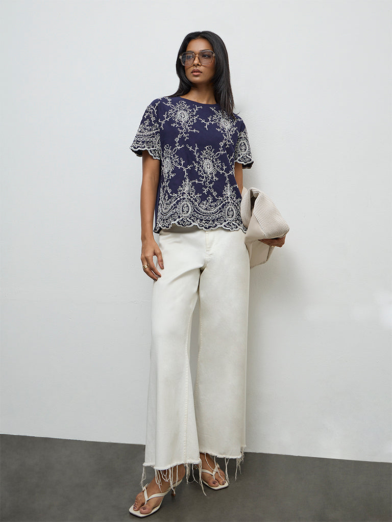 LOV Navy Embroidered Cotton Top