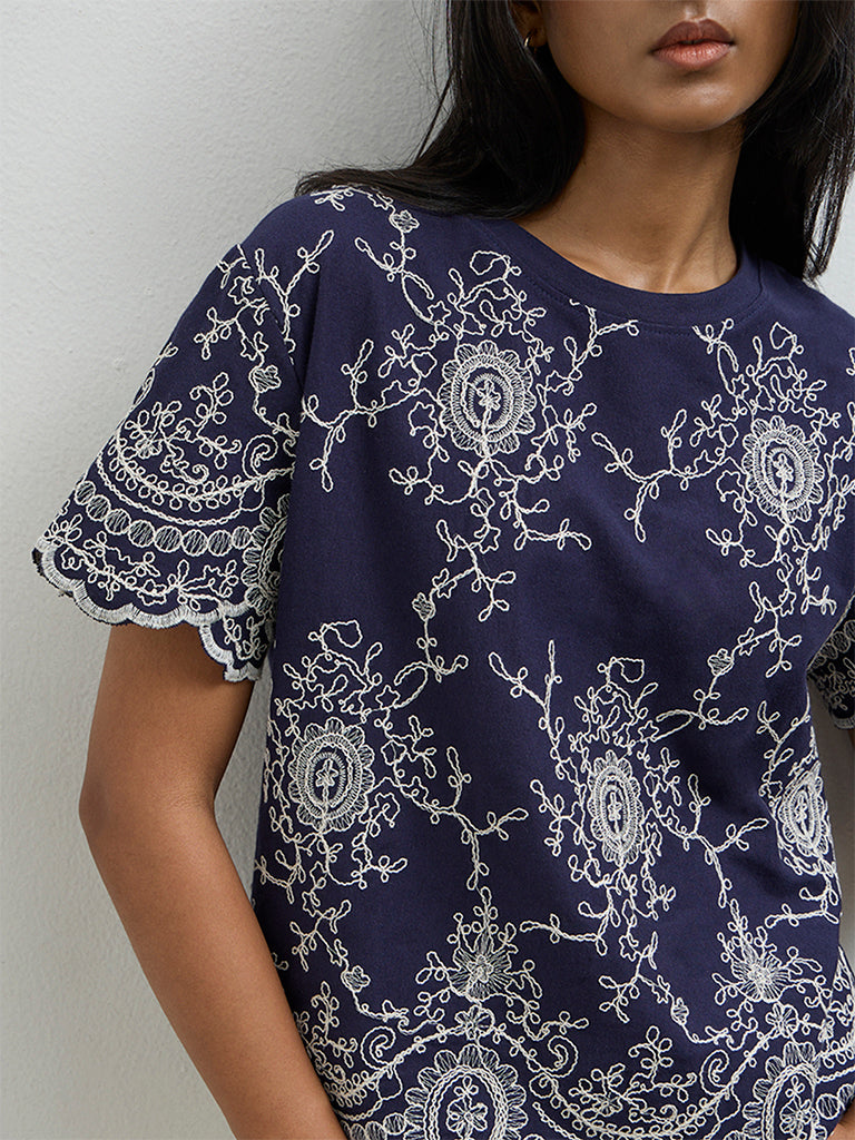 LOV Navy Embroidered Cotton Top