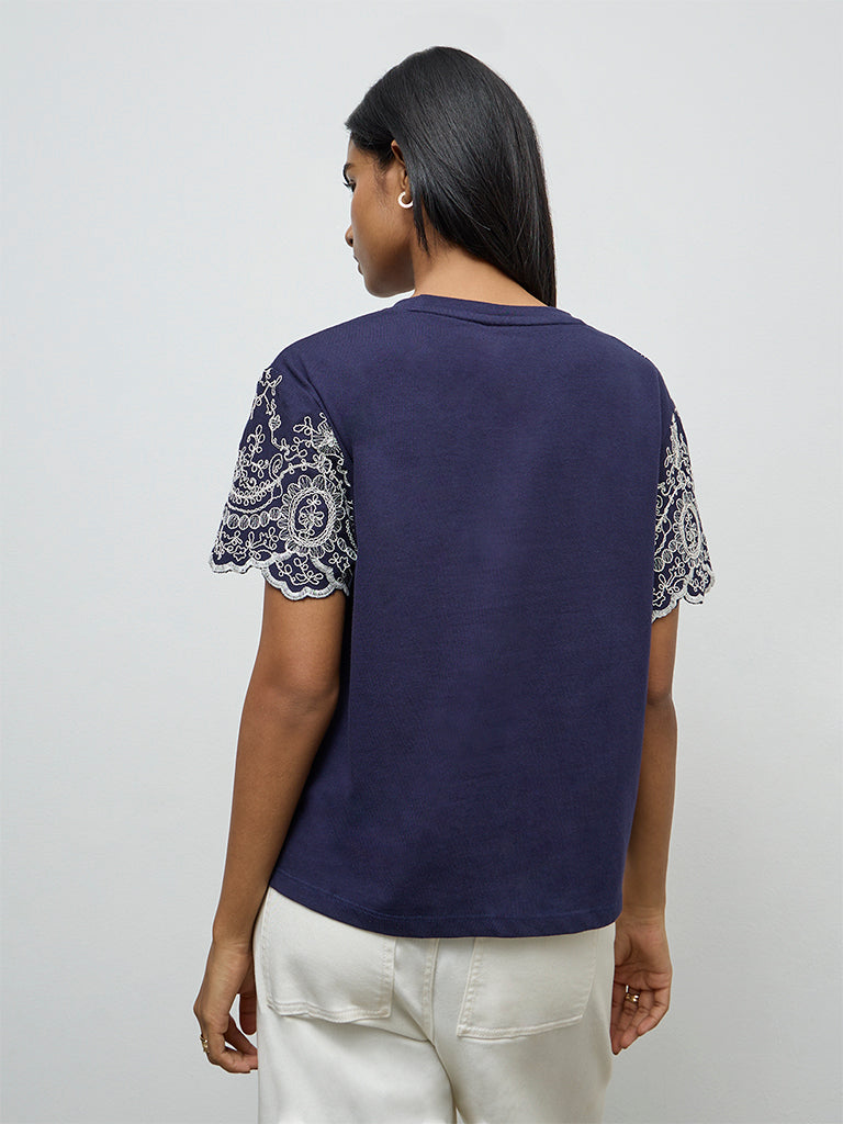 LOV Navy Embroidered Cotton Top