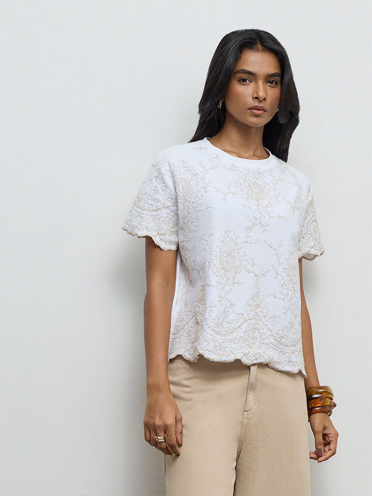 LOV Off-White Embroidered Cotton Top