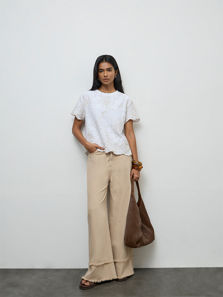 LOV Off-White Embroidered Cotton Top