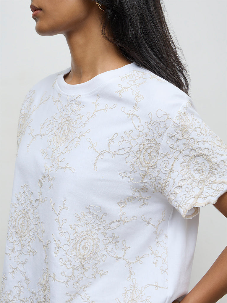 LOV Off-White Embroidered Cotton Top