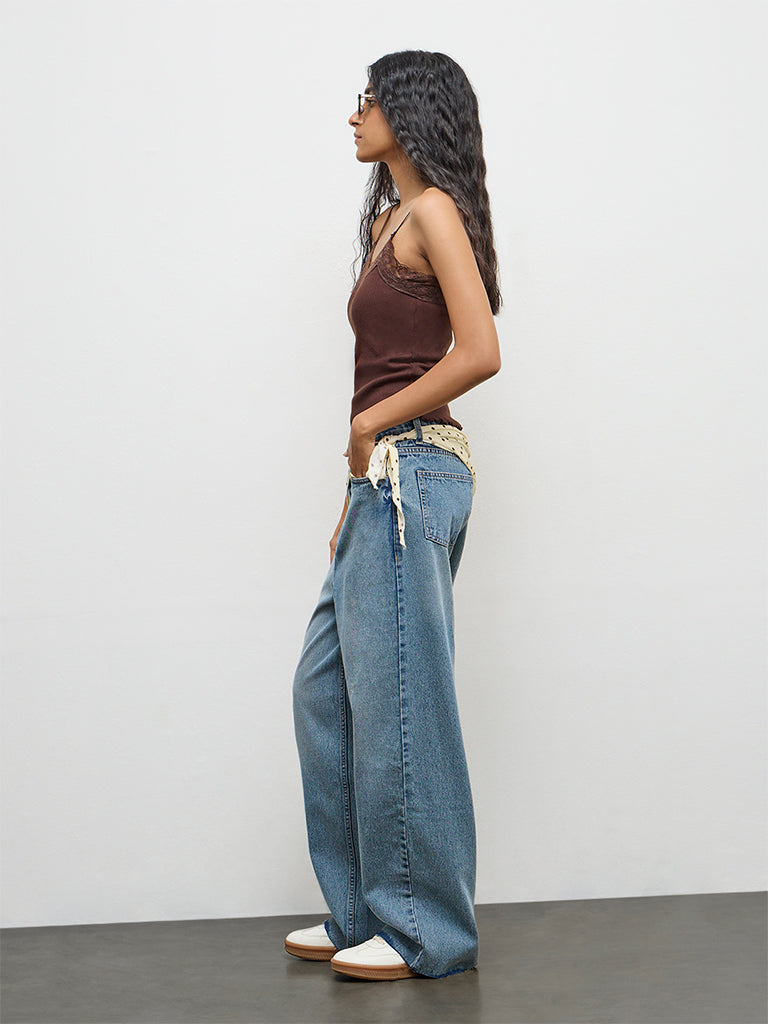 Nuon Blue Washed High-Rise Jeans with Scarf