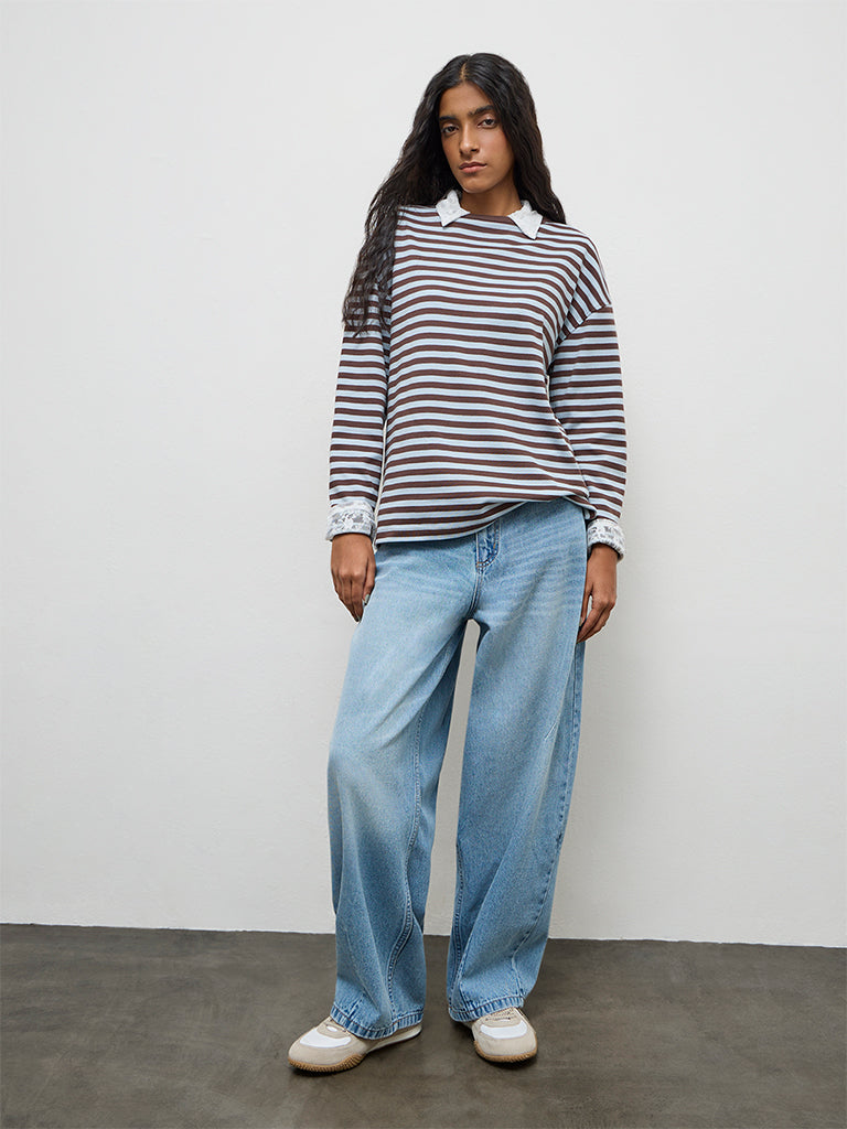 Nuon Blue Stripe Pattern Cotton T-Shirt