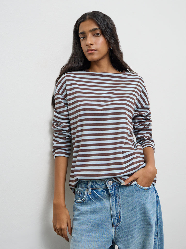 Nuon Blue Stripe Pattern Cotton T-Shirt