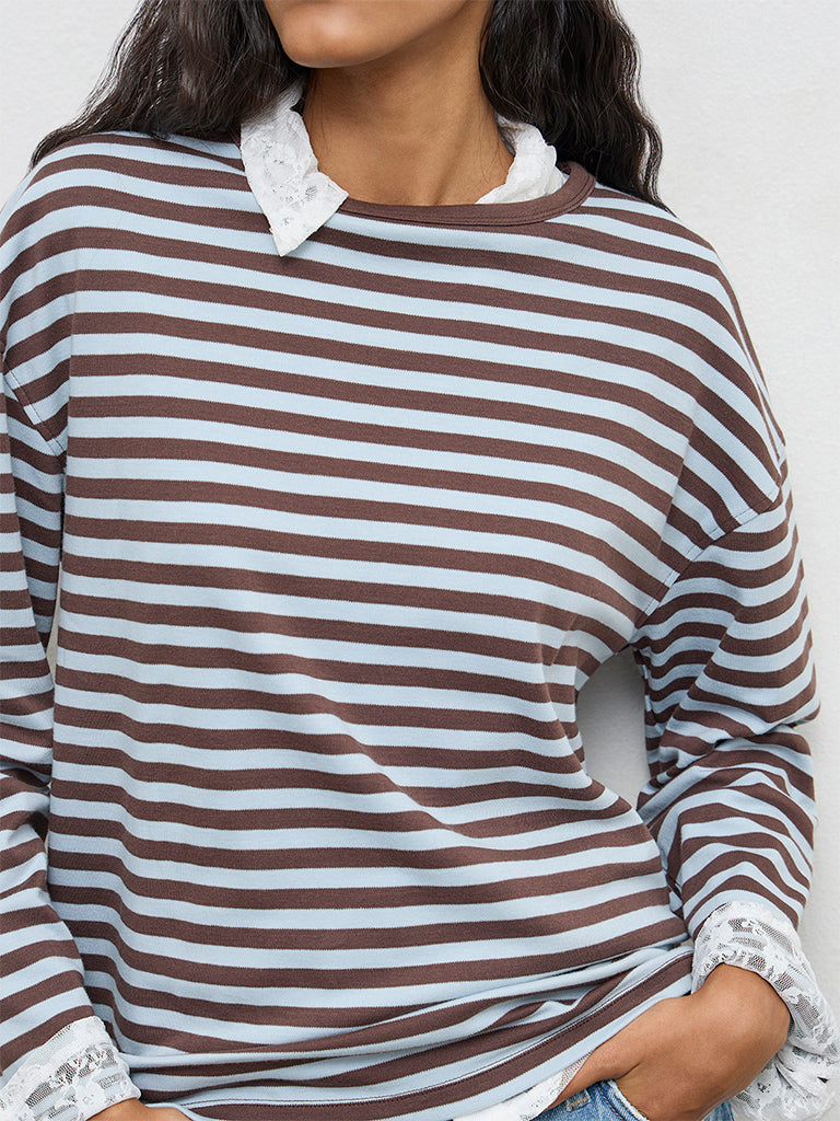 Nuon Blue Stripe Pattern Cotton T-Shirt
