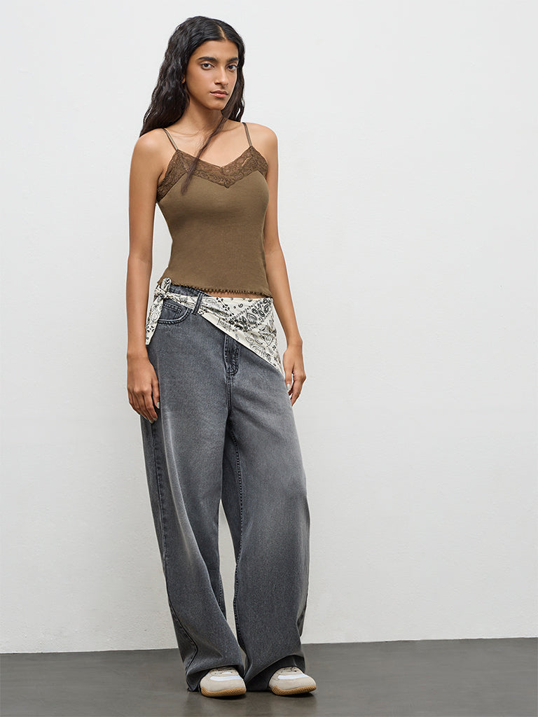 Nuon Olive Lace-Detailed Cotton-Blend Top