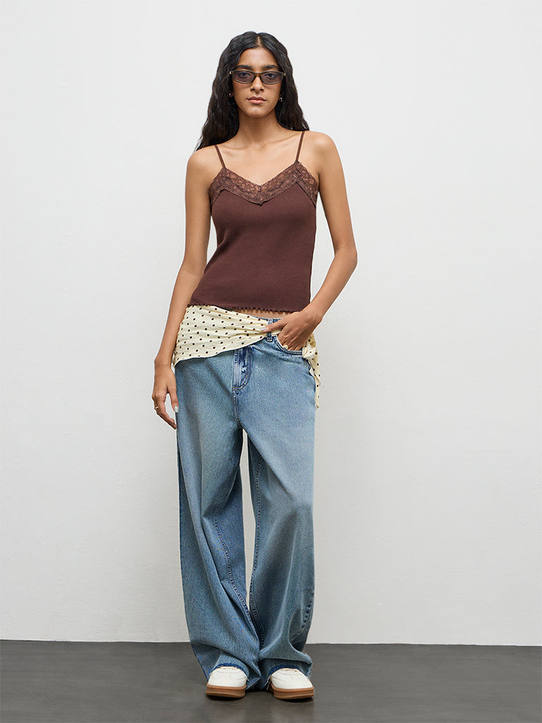 Nuon Dark Brown Lace-Detailed Cotton-Blend Top