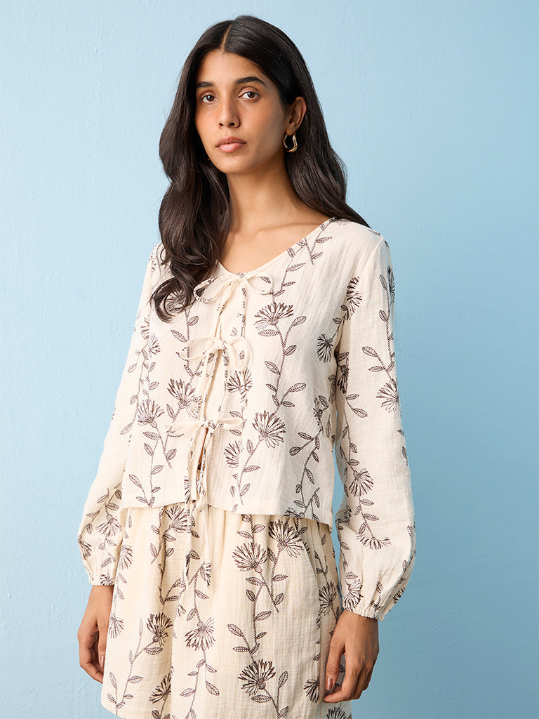 LOV Off-White Floral Printed Cotton Top