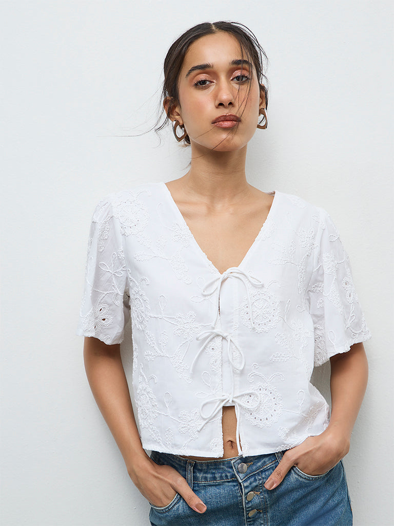 LOV Off-White Floral Embroidered Cotton Blouse