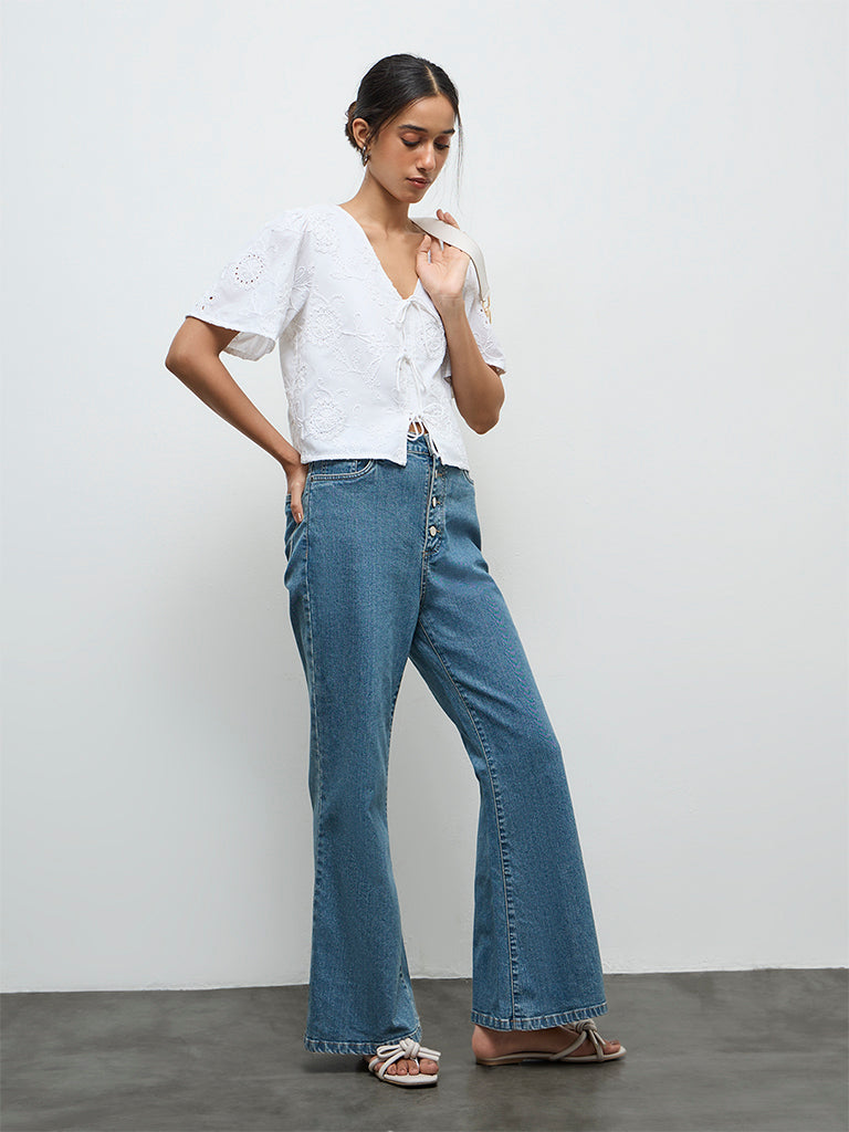 LOV Off-White Floral Embroidered Cotton Blouse