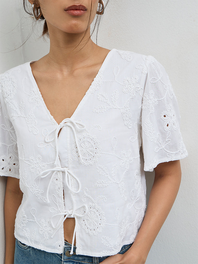 LOV Off-White Floral Embroidered Cotton Blouse