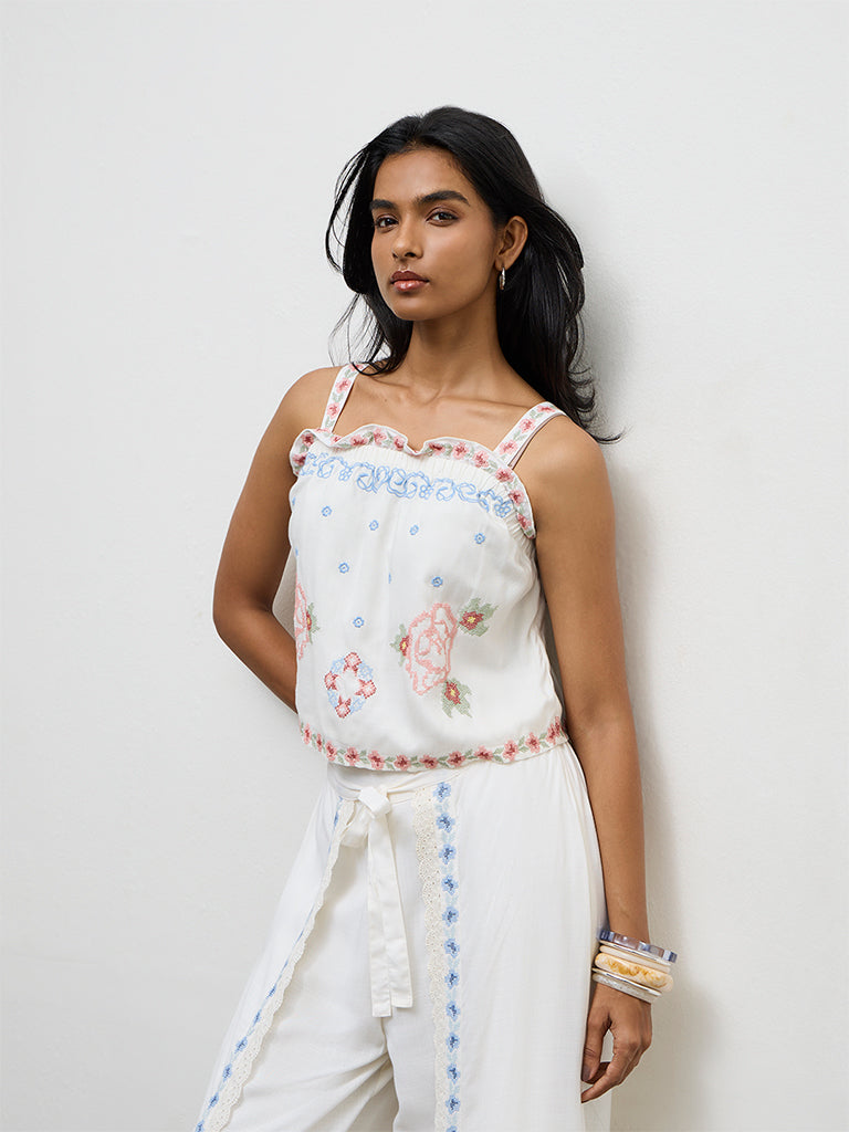 LOV Off-White Floral Embroidered Top