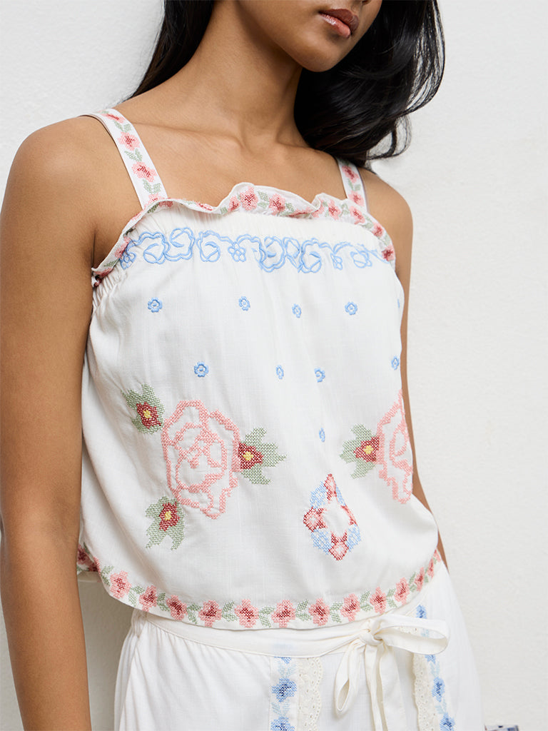LOV Off-White Floral Embroidered Top
