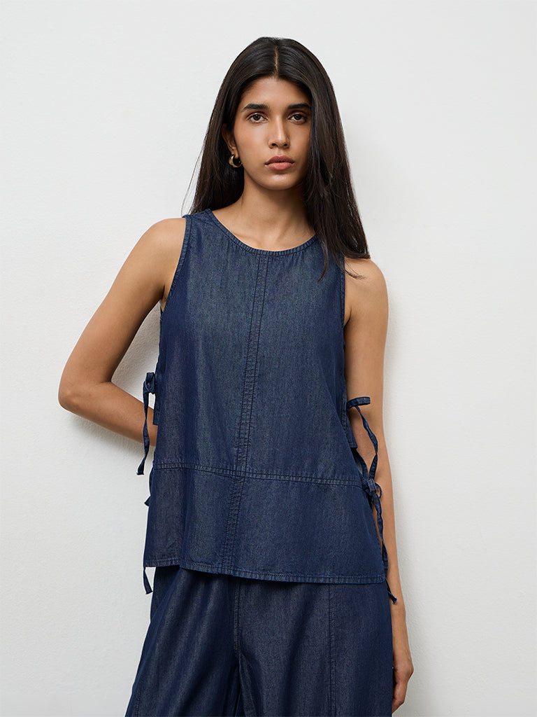 LOV Dark Blue Tie-Up Cotton-Blend Top