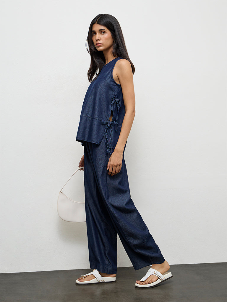 LOV Dark Blue Tie-Up Cotton-Blend Top