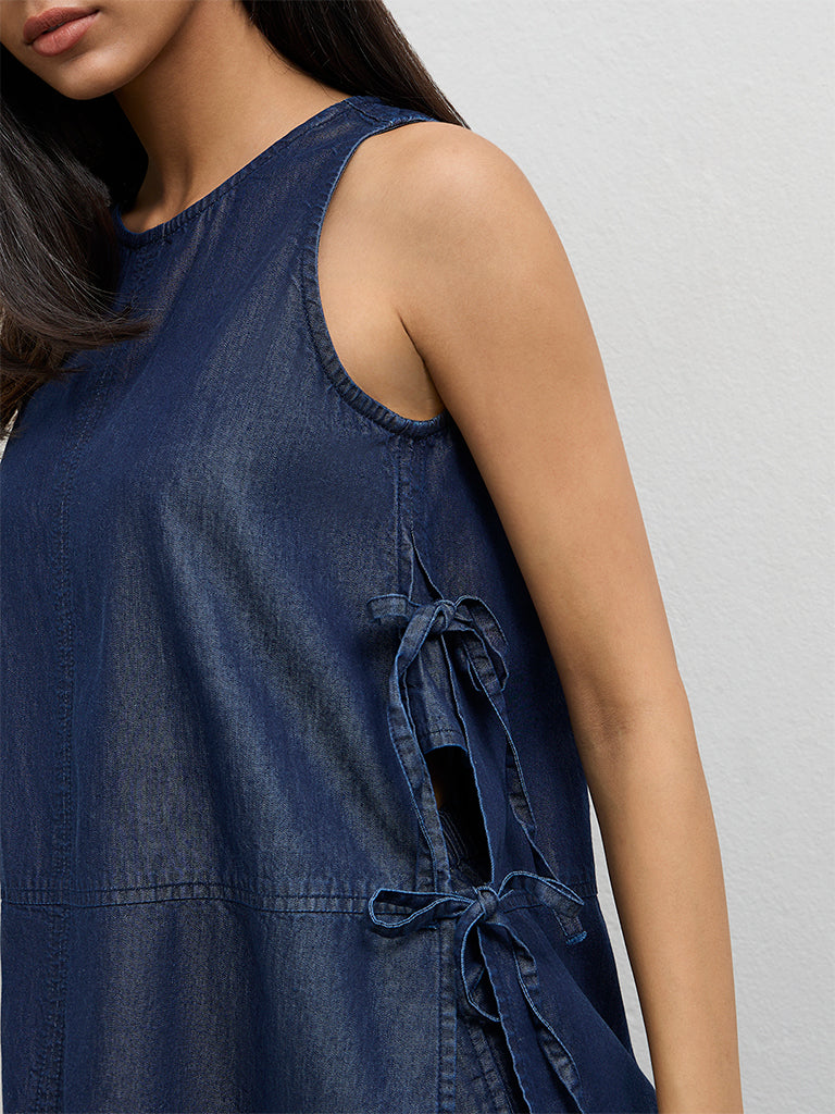 LOV Dark Blue Tie-Up Cotton-Blend Top