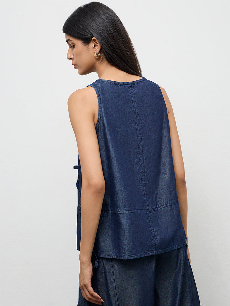 LOV Dark Blue Tie-Up Cotton-Blend Top