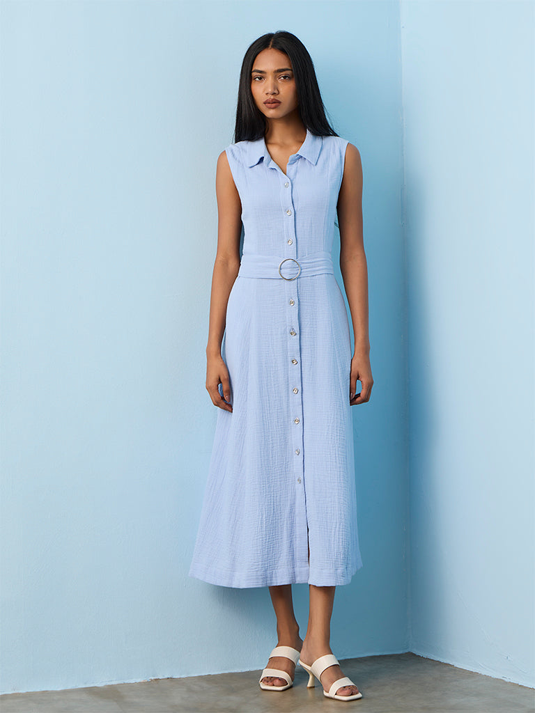 LOV Light Blue Crinkled-Textured Cotton Shirt Dress with Belt
