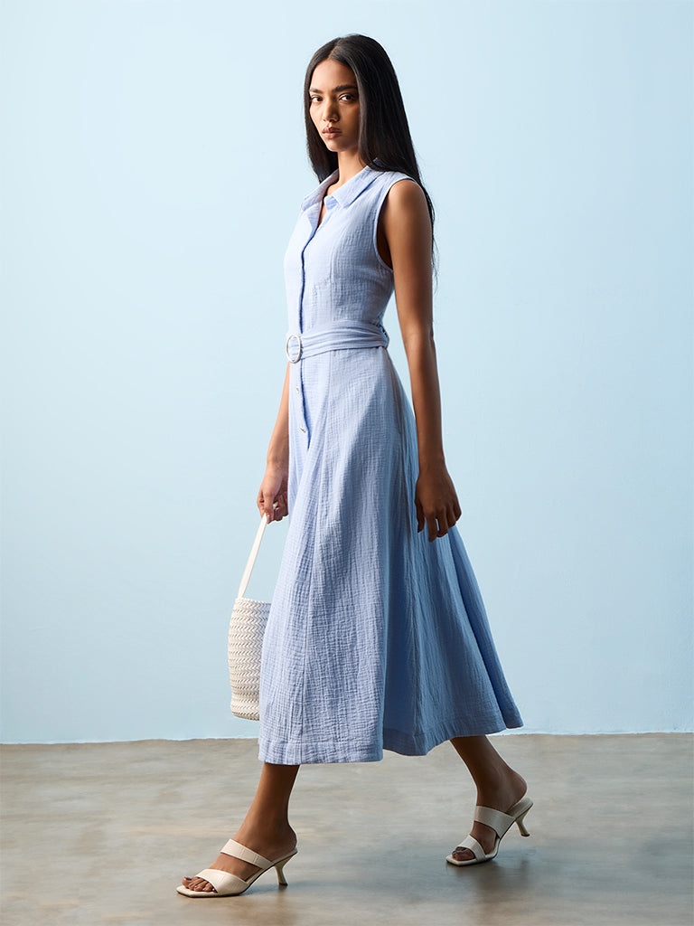LOV Light Blue Crinkled-Textured Cotton Shirt Dress with Belt