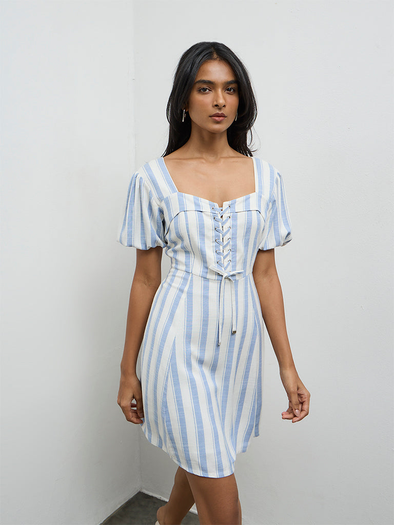 LOV Light Blue Striped Cotton A-Line Dress