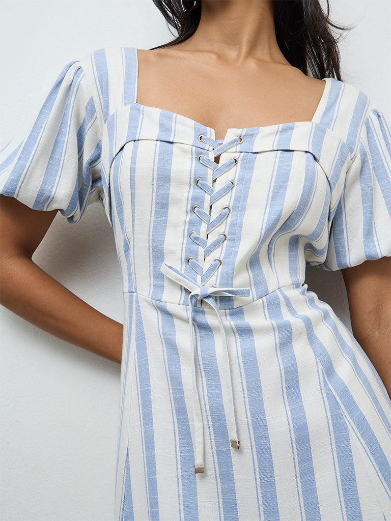 LOV Light Blue Striped Cotton A-Line Dress