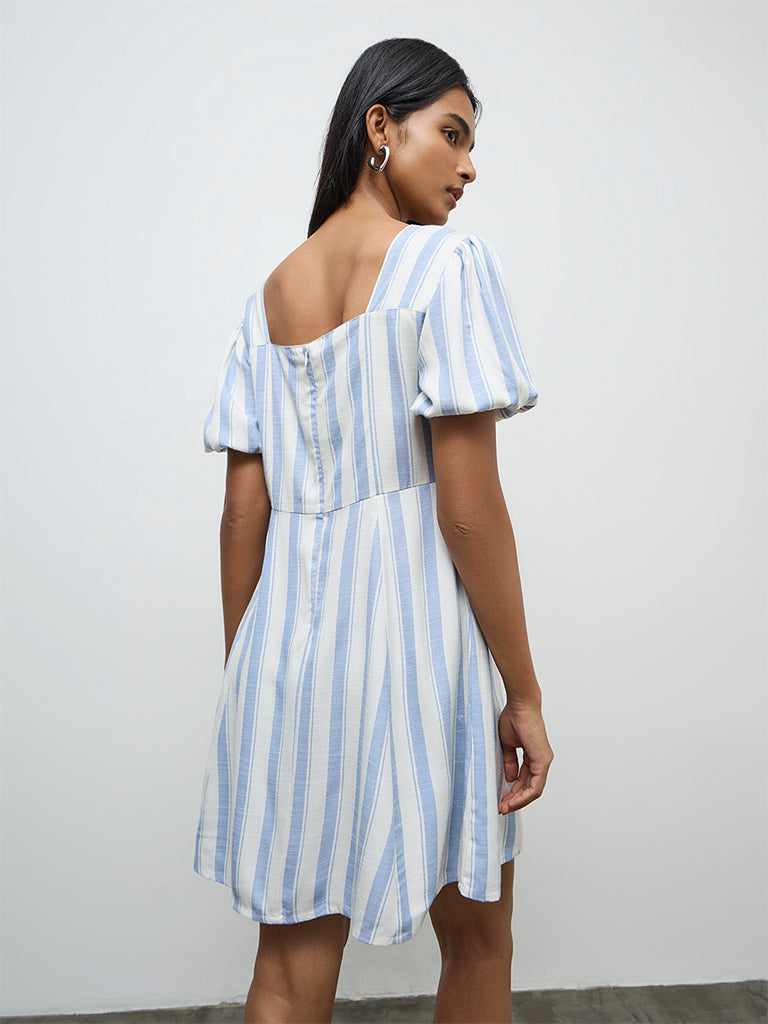 LOV Light Blue Striped Cotton A-Line Dress