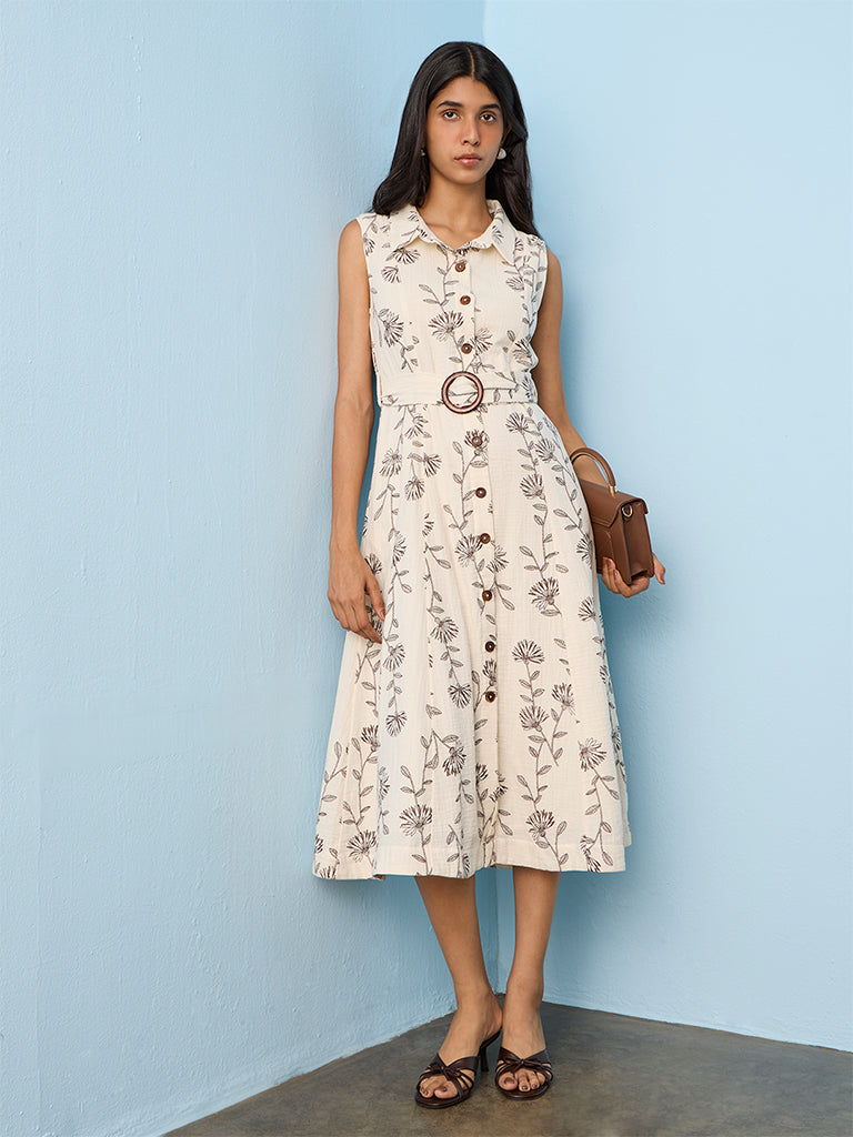 LOV Off-White Floral Printed Cotton Shirt Dress with Belt