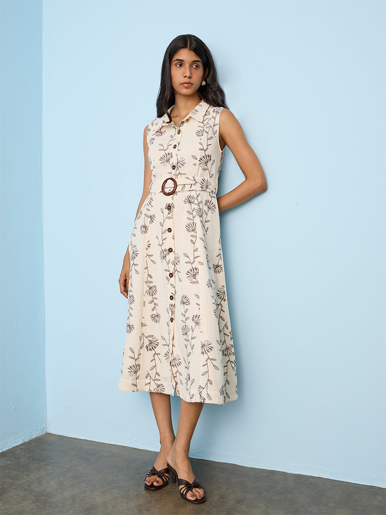 LOV Off-White Floral Printed Cotton Shirt Dress with Belt