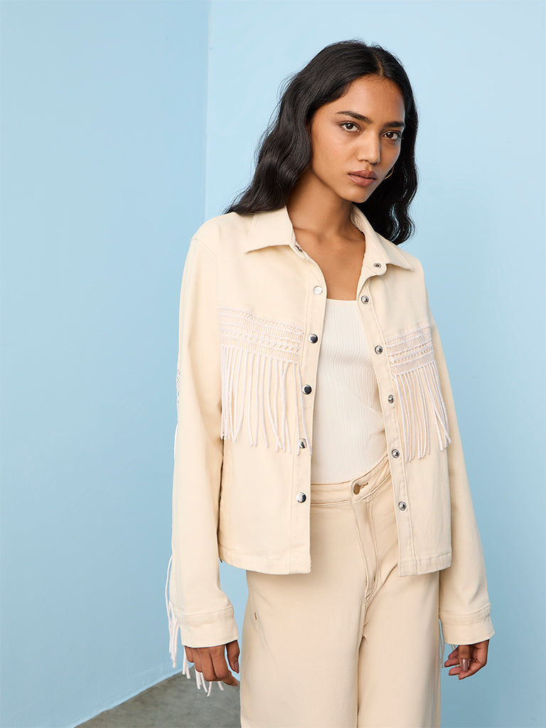 LOV Cream Fringe-Detail Cotton Jacket