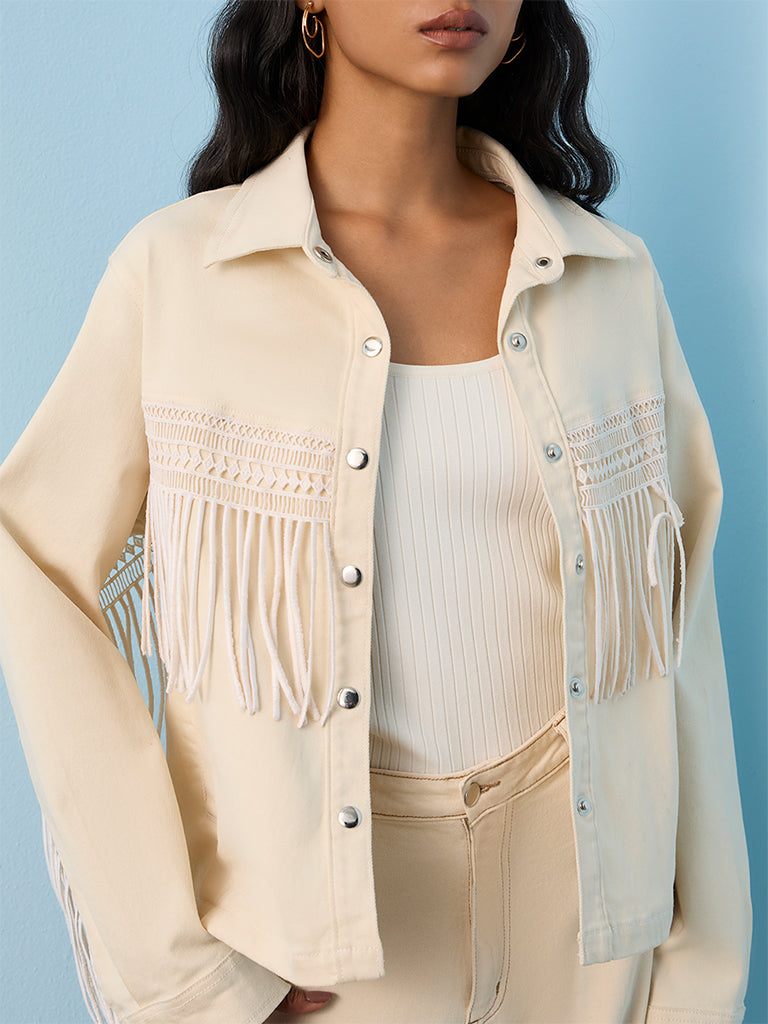 LOV Cream Fringe-Detail Cotton Jacket