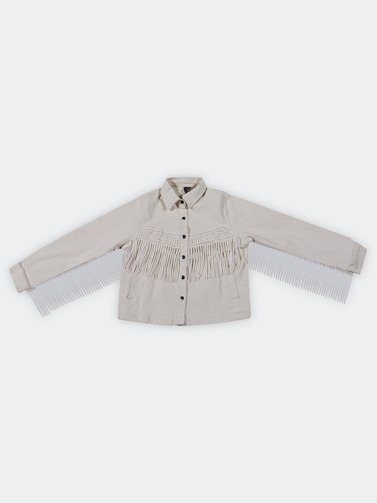 LOV Cream Fringe-Detail Cotton Jacket