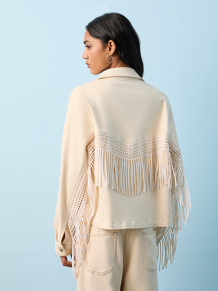LOV Cream Fringe-Detail Cotton Jacket